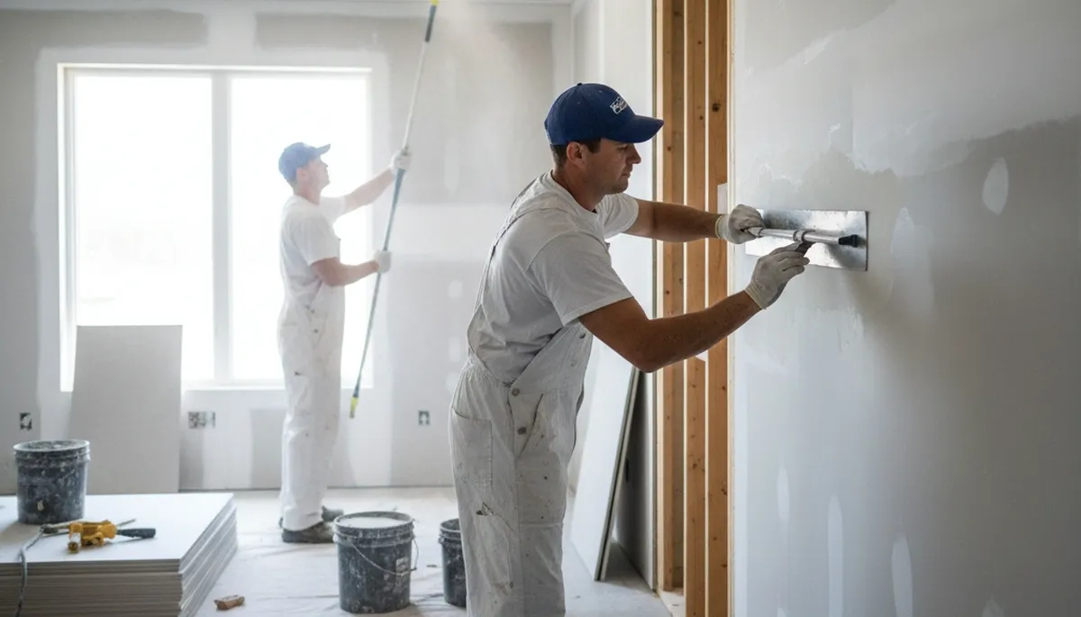Drywall repair crew in Birmingham, AL fixing wall cracks and holes for a painting service job