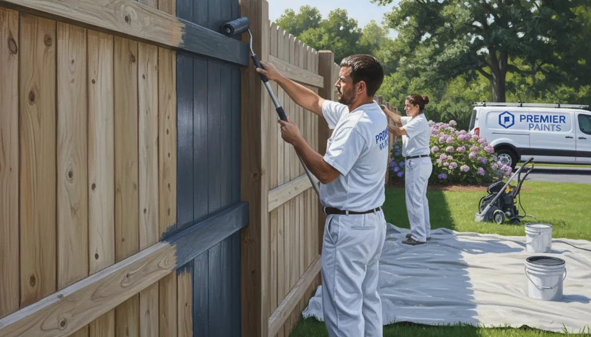 Birmingham, AL painters painting a wood fence for weather protection and curb appeal